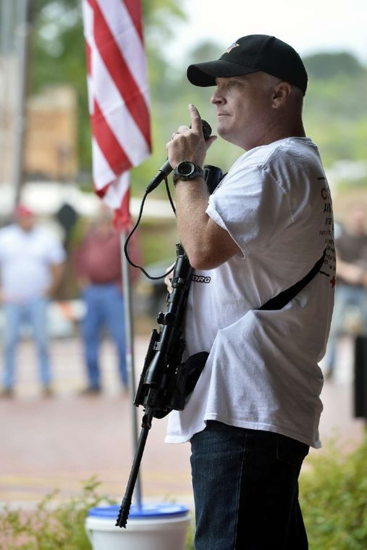 In this Sept. 21 file photo, Army Master Sgt. C.J. Grisham from Temple speaks during the “Come and Take It” rally, hosted by the Sons of Liberty Texas group, in downtown Nacogdoches. Grisham, who’s stationed at Fort Hood, was arrested by Temple police on March 16 while hiking with his son, and his AR-15 rifle.