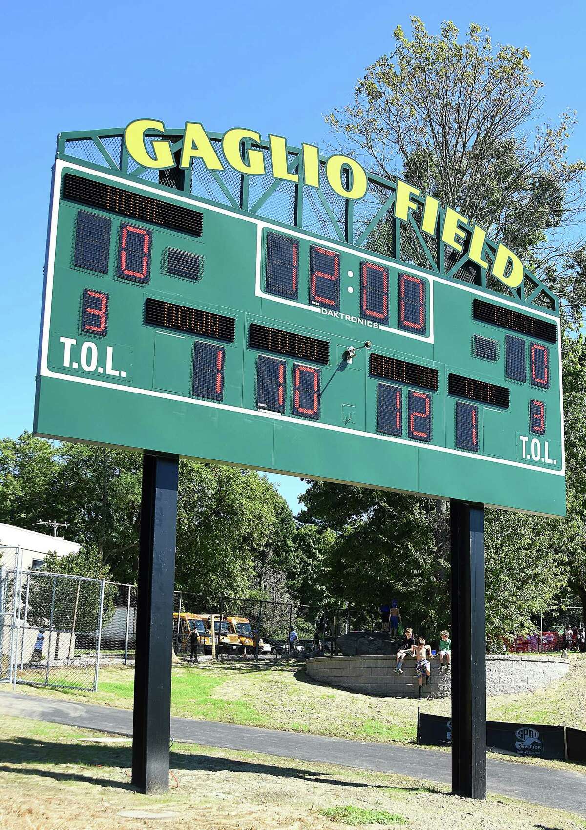 The scoreboard stands high over the turf at Gaglio Field, Trinity Catholic’s new multi-purpose home field, which opened on Saturday.