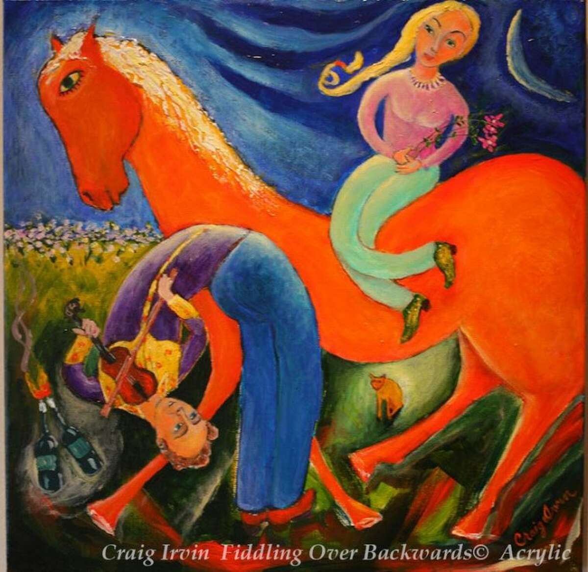 A painting by Craig Irvin titled "Fiddling Over Backwards," which is currently on display at the Gallery at the Madeley Building.