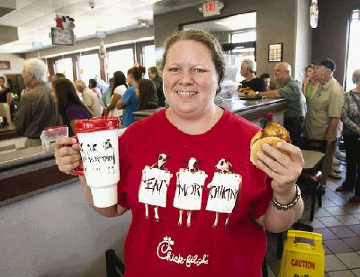 Brandie Meyers, of Conroe, said she and her family would eat both lunch and dinner a Chick-fil-A Wednesday to show support for the restaurant’s position on family values.
