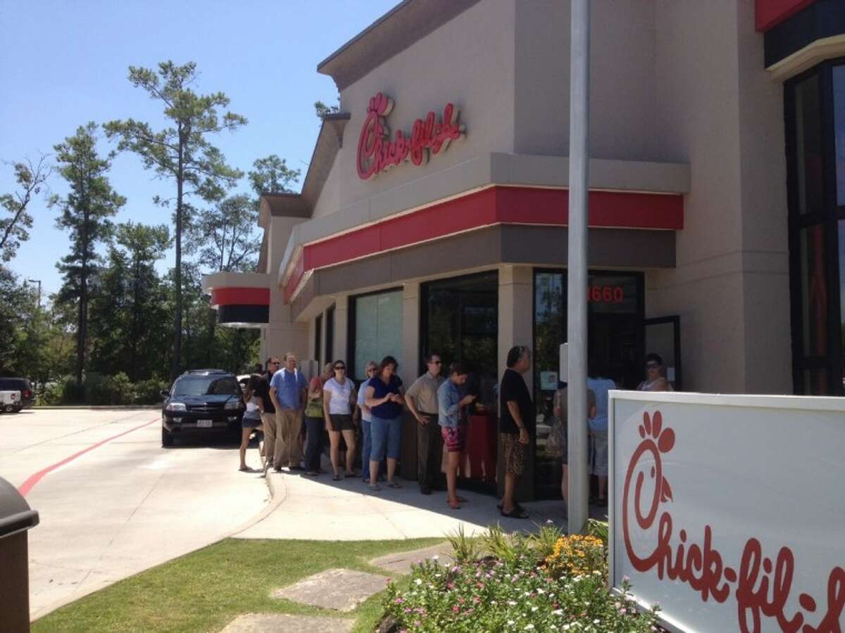 The lines for service at Chick-fil-A restaurants in Montgomery County, such as this one in The Woodlands, stretched outside the buildings Wednesday.
