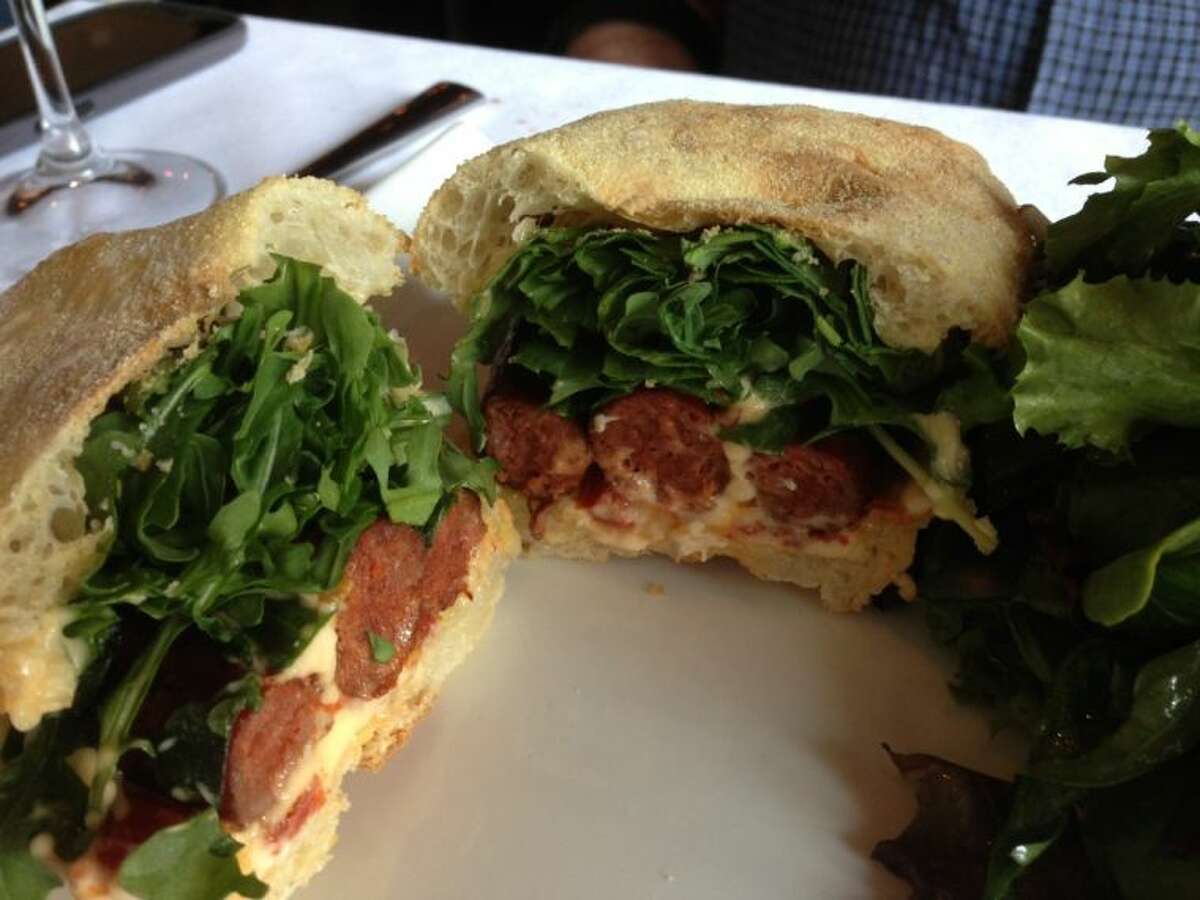 Another winner on the menu was the Marquez sausage sandwich — wow! Served on a Panini roll with harissa mayonnaise and plenty of peppery arugula. It was spectacular. It’s a big sandwich — you can take half home!