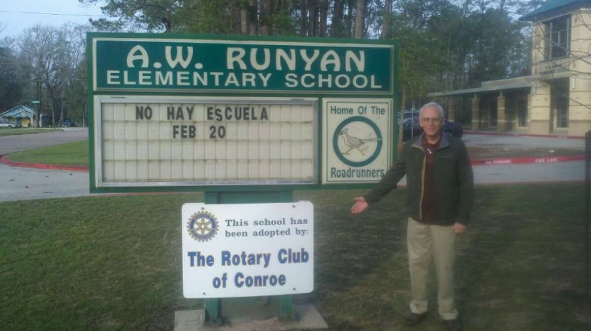The Rotary Club of Conroe hosted a welcome coffee with pastries during a Teacher’s Work Day Feb. 20. Rotarian Don Stocking stands by the Runyan Monument sign on Foster Street, which proudly proclaims that the Rotary Club of Conroe is supporting the school. In addition to the recent Teacher’s Work Day Coffee, the Rotary Club of Conroe donates a book to the library each week in honor of speakers who visit the Rotary, the active mentoring program started by Rotarian Fred Greer, Book reading was Friday, as well as dedication of a soccer field paid for with funds from the Rotary Club of Conroe Foundation and the Rotary District 5910 Foundation.
