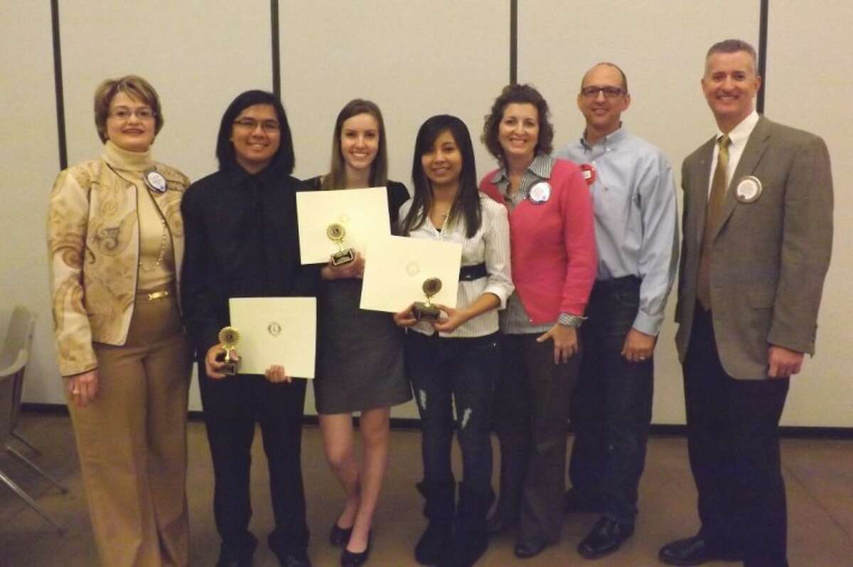 The Conroe Noon Lions Club had its Outstanding Youth Scholarship Contest Wednesday and awarded $4,000 to the top three contestants. Pictured (left to right) are: Lion Marcia Mazingo, Joey Dee Mendoza, Kathryn Feder, Leticia Arellano, Committee Chair Stacey Jata, Lion Eric Shaffer and Club President Rich Sproba.