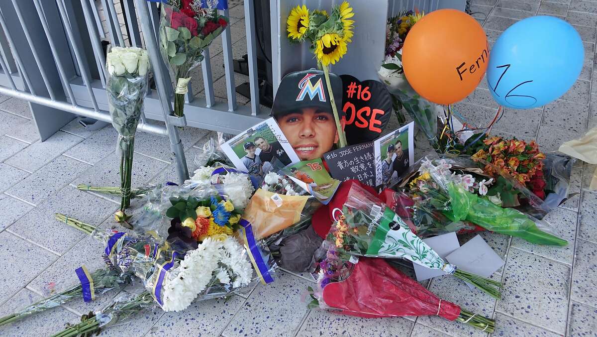 A memorial for Jose Fernandez takes shape at Marlins Park in Miami after the game against the Atlanta Braves was cancelled when Fernandez died in a boating accident, Sunday, Sept. 25, 2016, in Maimi Beach. (Joe Caveretta/Sun Sentinel/TNS)