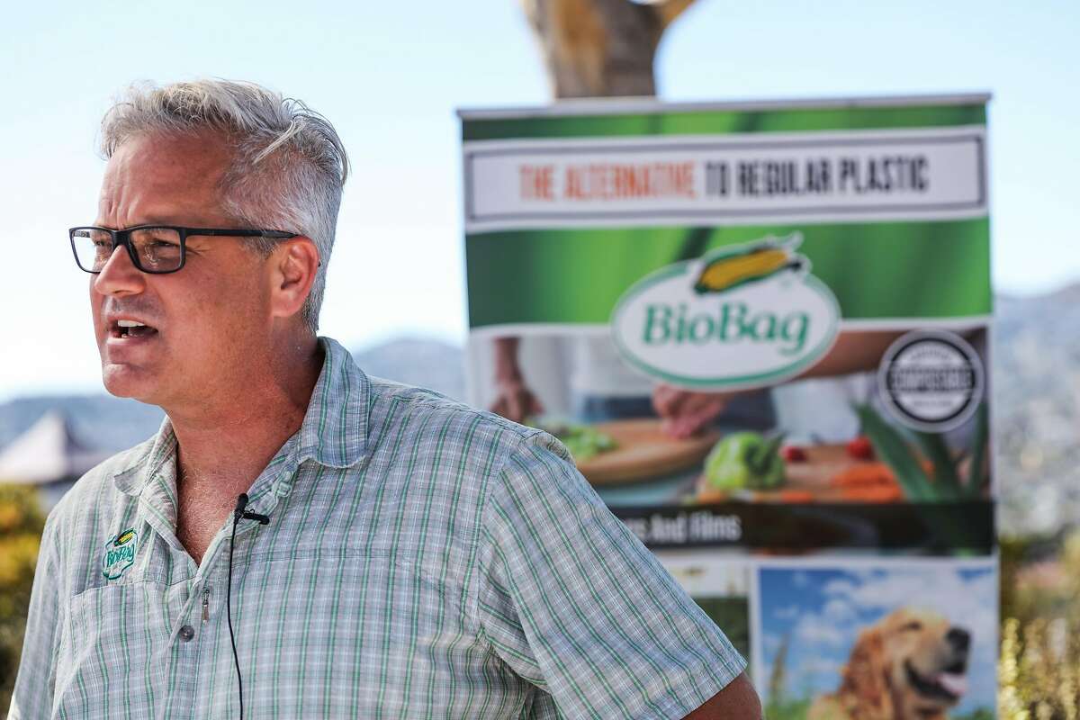 Mark Williams, the vice president of market development at BioBag, speaks about the new initiative to use compostable bags and specific bins for dog waste, at Starr King Open Space park in San Francisco, California, on Sunday, Sept. 25, 2016.