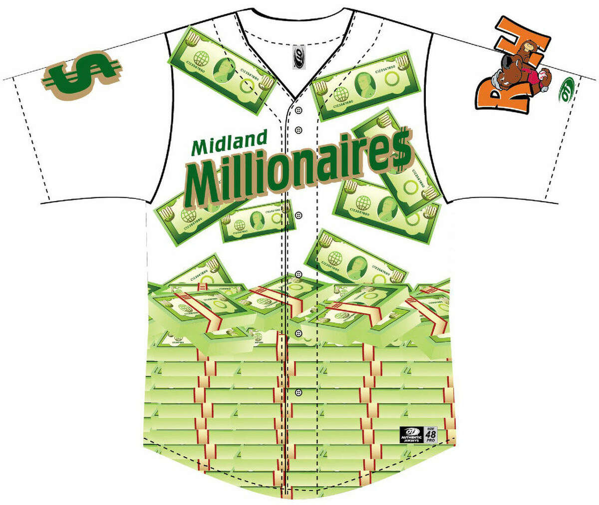 A diagram of the jersey the RockHounds will wear when they will play as the Midland Millionaires between Aug. 18-20 at Security Bank Ballpark.