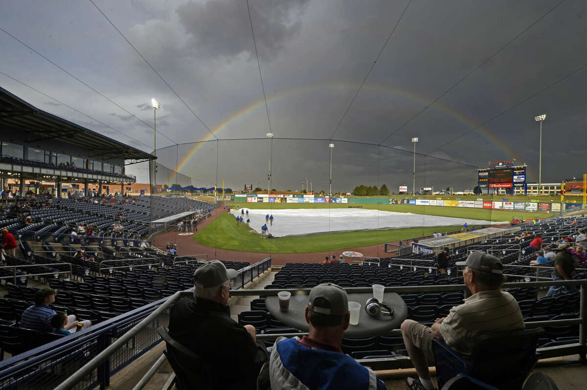 A rainbow is visible over Security Bank Ballpark during a rain delay in the Rockhounds game against Springfield on Tuesday, May 31, 2016. James Durbin/Reporter-Telegram
