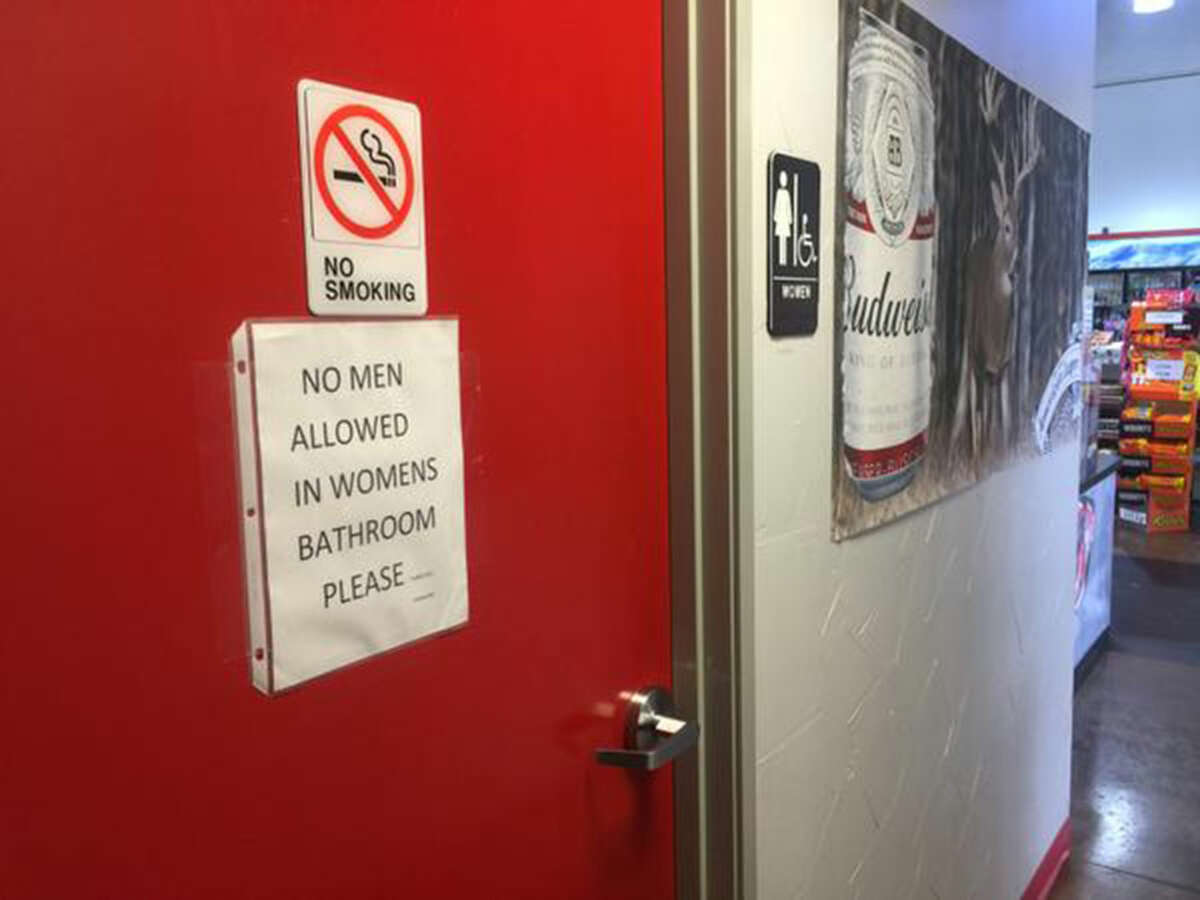 A sign on the women's bathroom door at the Texaco Station and BBQ on the Brazos restaurant seems to make clear the owner's stance on the transgender restroom issue. (Gordon Dickson/Fort Worth Star-Telegram/TNS)