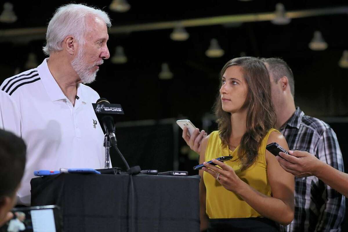 San Antonio Spurs head basketball coach Gregg Popovich talks with reporters during Spurs Media Day, Monday, Sept. 26, 2016, in San Antonio.
