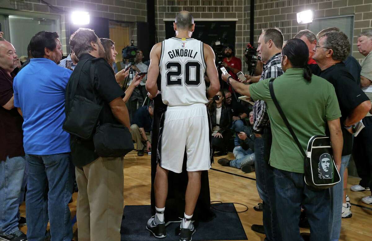Spurs’ Manu Ginobili answers questions during media day on Sept. 26, 2016 at the practice facility.