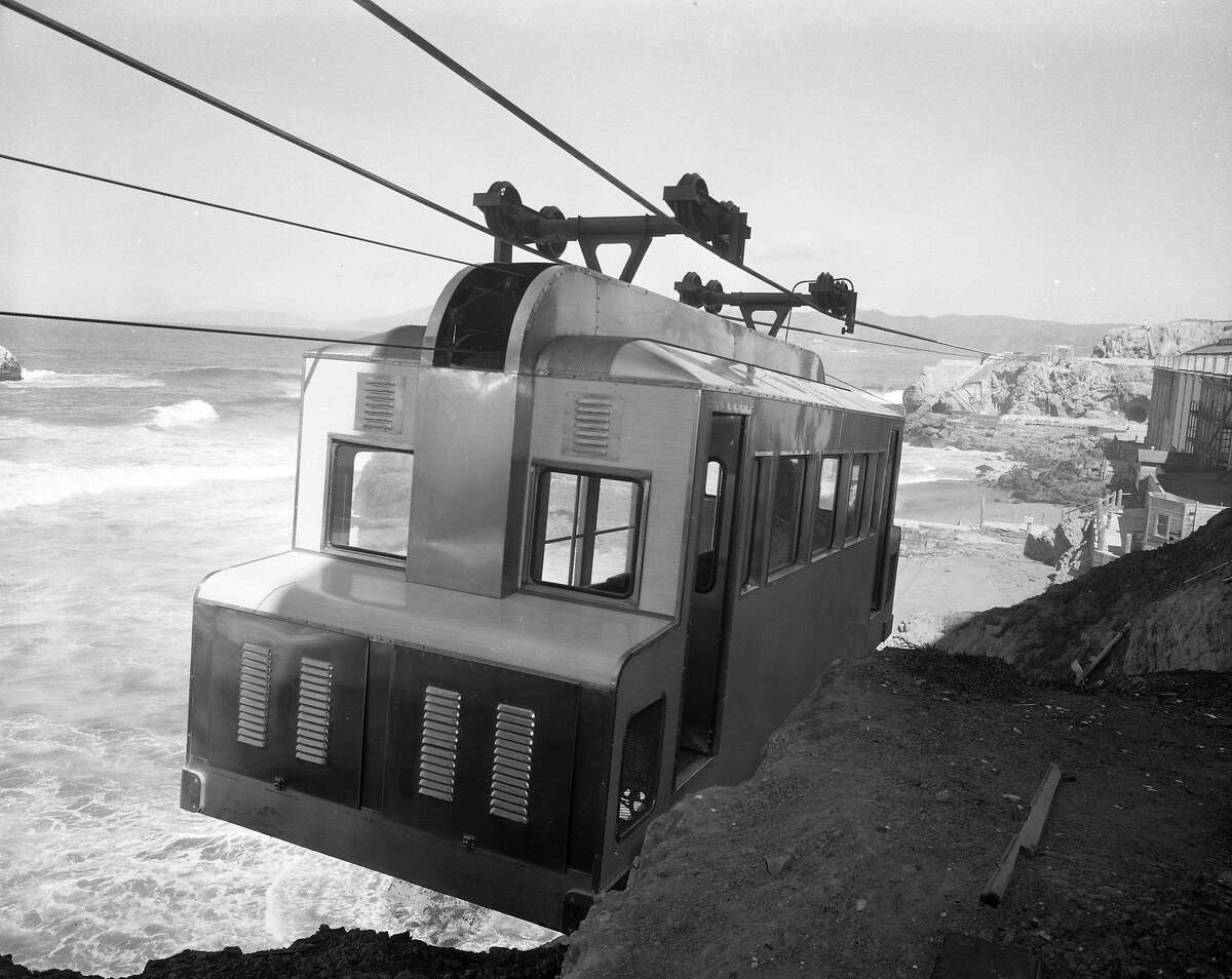 Construction of Whitney Bros. Aerial Tramway, Sky Tram ran from Cliff House past the Sutro Baths to Point Lobos is nearing completion 03/301955