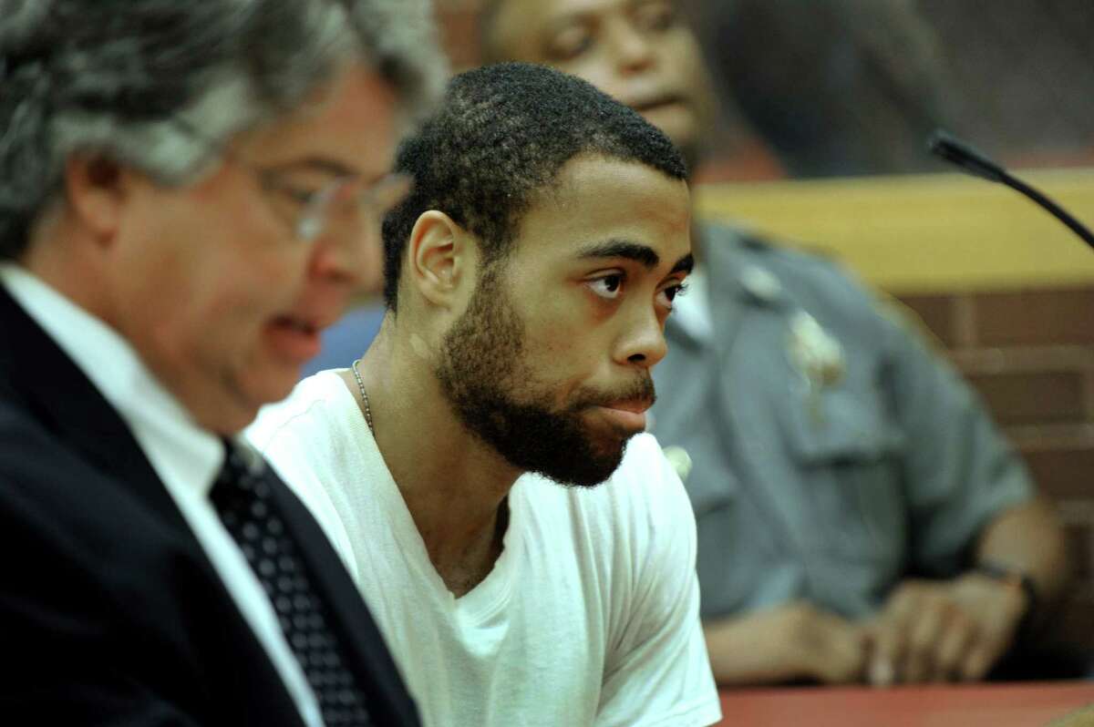 Emanuel Harris, charged with murder, represented by Attorney Dante Gallucci, appears in state Superior Court in Danbury Tuesday, Sept. 27, 2016, for the first day of jury selection in his trial.