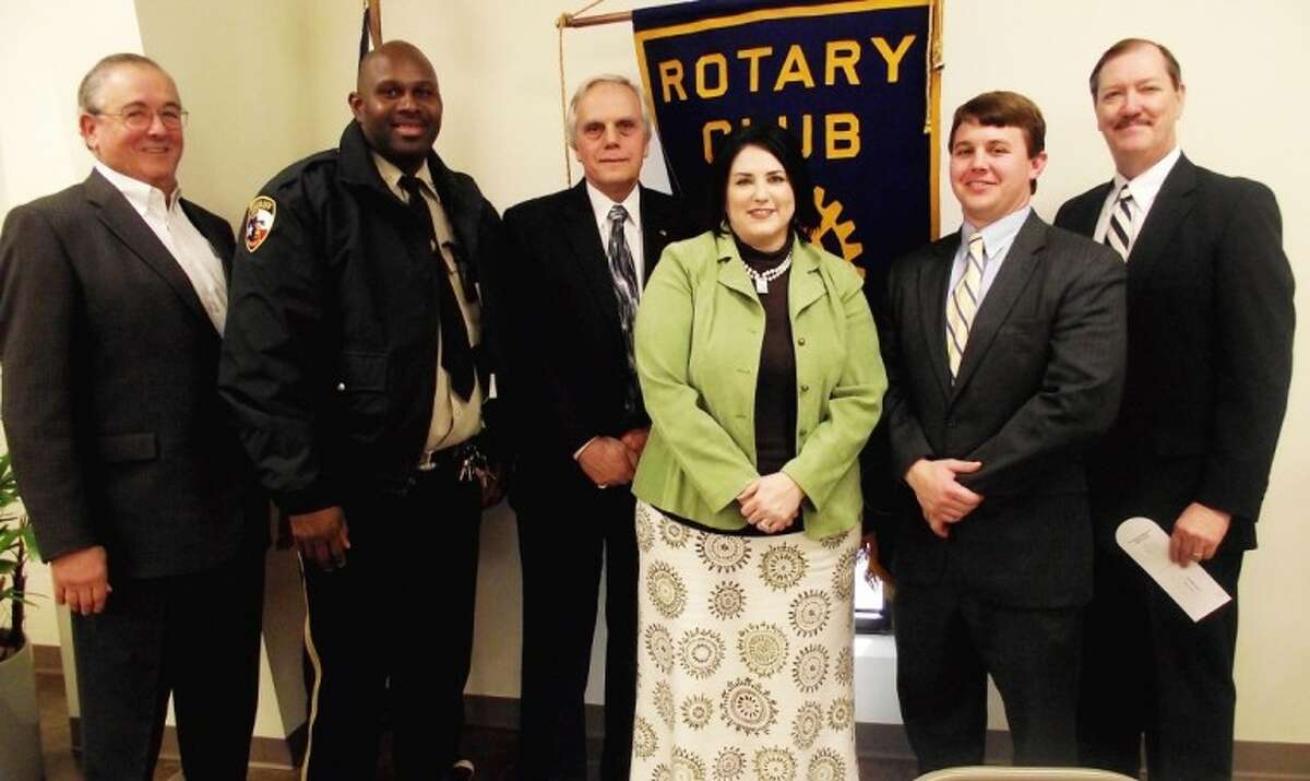 The Cleveland Rotary Club welcomed 75th District Court Judge Mark Morefield on Wednesday, Jan. 18. Morefield (third from left) was the guest of Cleveland Rotarian Kenneth Riggs (left). PIctured with them are John Davis, bailiff in Morefield’s court, Rotary Club President Tracey Walters, Assistant District Attorney Logan Pickett and District Attorney Mike Little. Morefield spoke about efforts Liberty County judges have made to reduce the inmate population in the county jail, thereby reducing the expense to taxpayers.