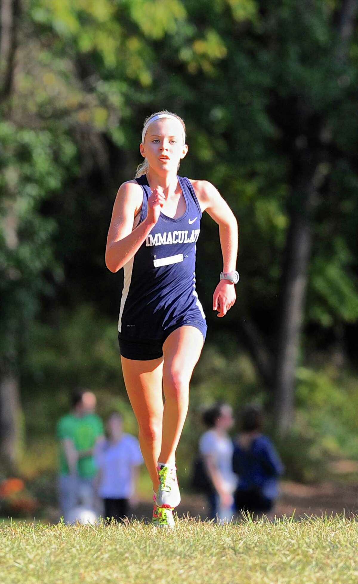 Immaculate's Angela Saidman was the first place finisher in the girls high school cross country meet between Stratford, New Milford, Newtown and Immaculate high schools on Tuesday afternoon, September 27, 2016, at Tarrywile Park, in Danbury, Conn.