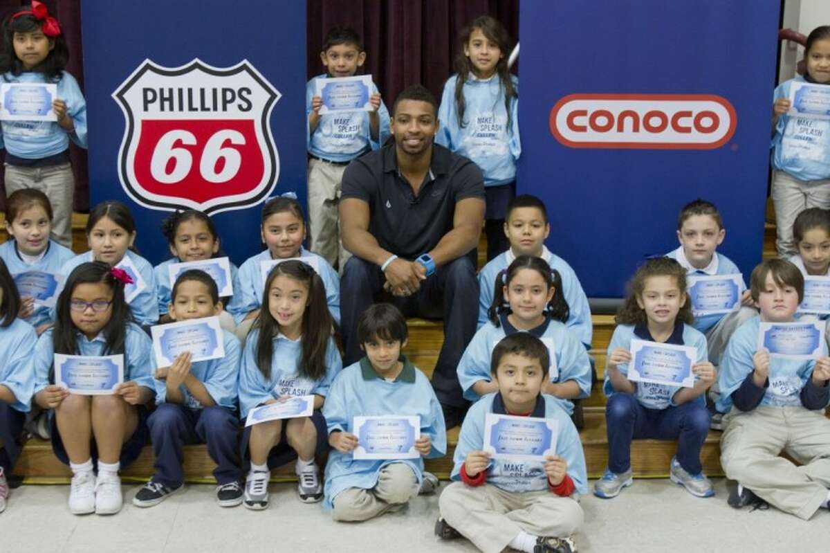 Olympic swimming gold medalist Cullen Jones shared his story of almost drowning at age five and the impact the sport has had on his life Wednesday at Buffalo Creek Elementary School. Jones later provided a swimming lesson at the Clay Road Family YMCA.