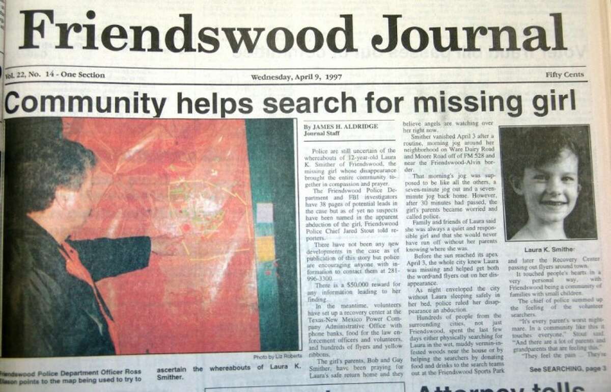 In the middle of an election campaign season, the front page of The Friendswood Journal was dominated by the search for Laura Smither in April 1997.