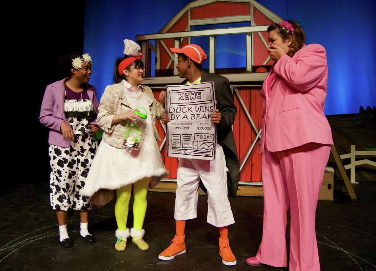 Rebecca Williams (from left), Jovi Lee, Delvin James and Ariel Rosen play barnyard critters in Magik Theatre's "Duck for President."