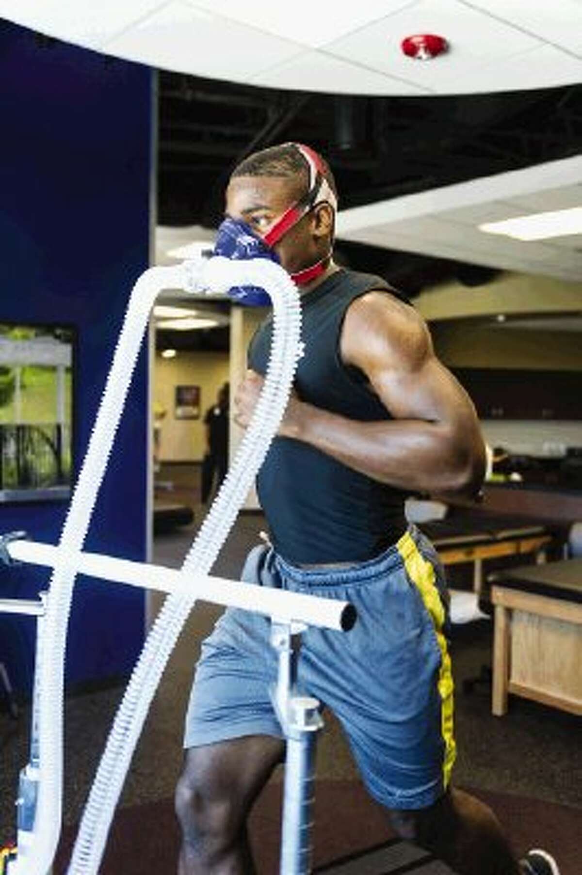 Patrick Carr, a football player with The Woodlands High School, is shown undergoing a VO2 Max Test at Memorial Hermann Ironman Sports Medicine Institute in The Woodlands. A VO2 Max test measures how efficiently an athlete’s body uses oxygen during maximal or exhaustive exercise.