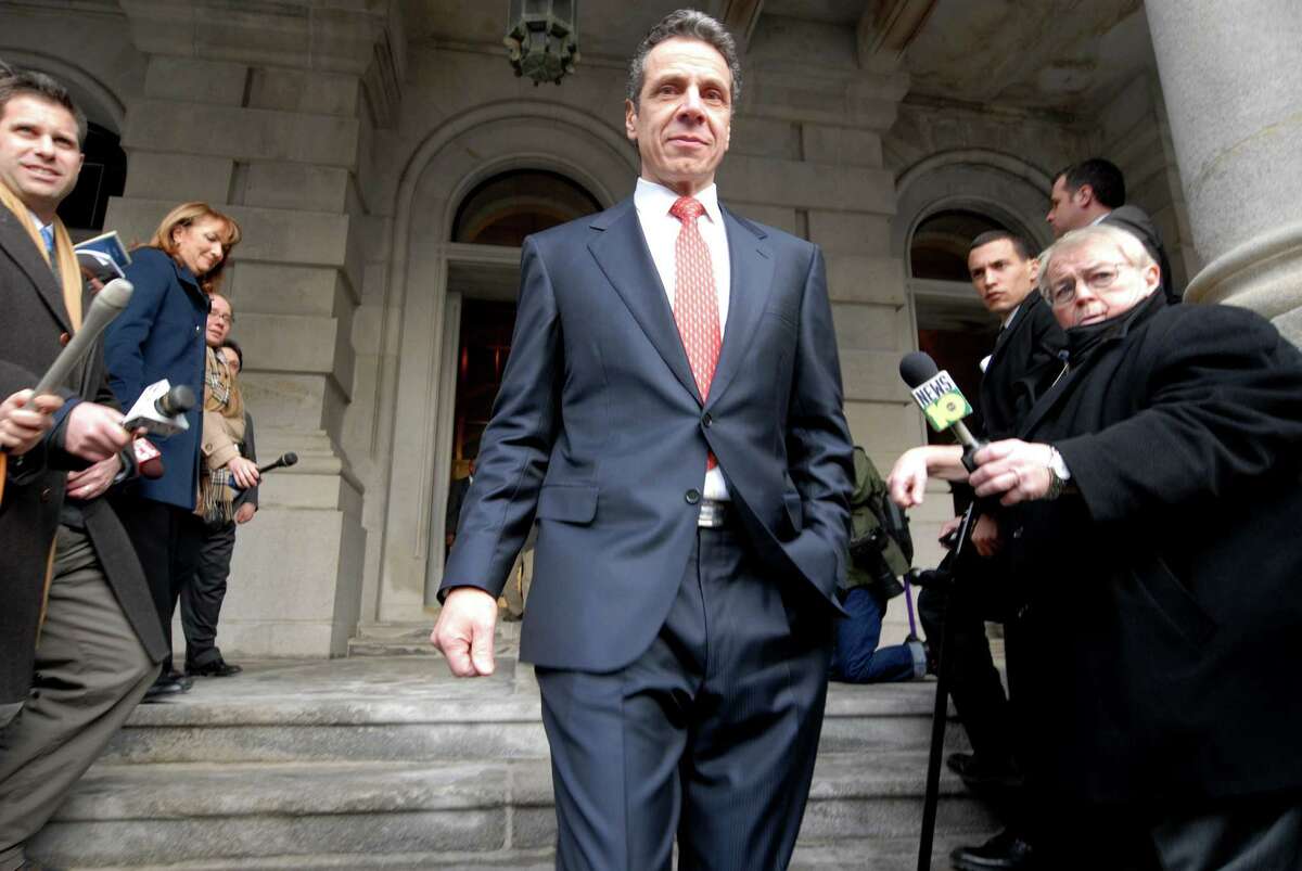 Gov. Andrew Cuomo steps out of the Capitol onto State Street where he touted the removal of Jersey Barriers from outside the Capitol building on Saturday following his inauguration on Jan. 1, 2011, in Albany, N.Y. (Will Waldron / Times Union archive)