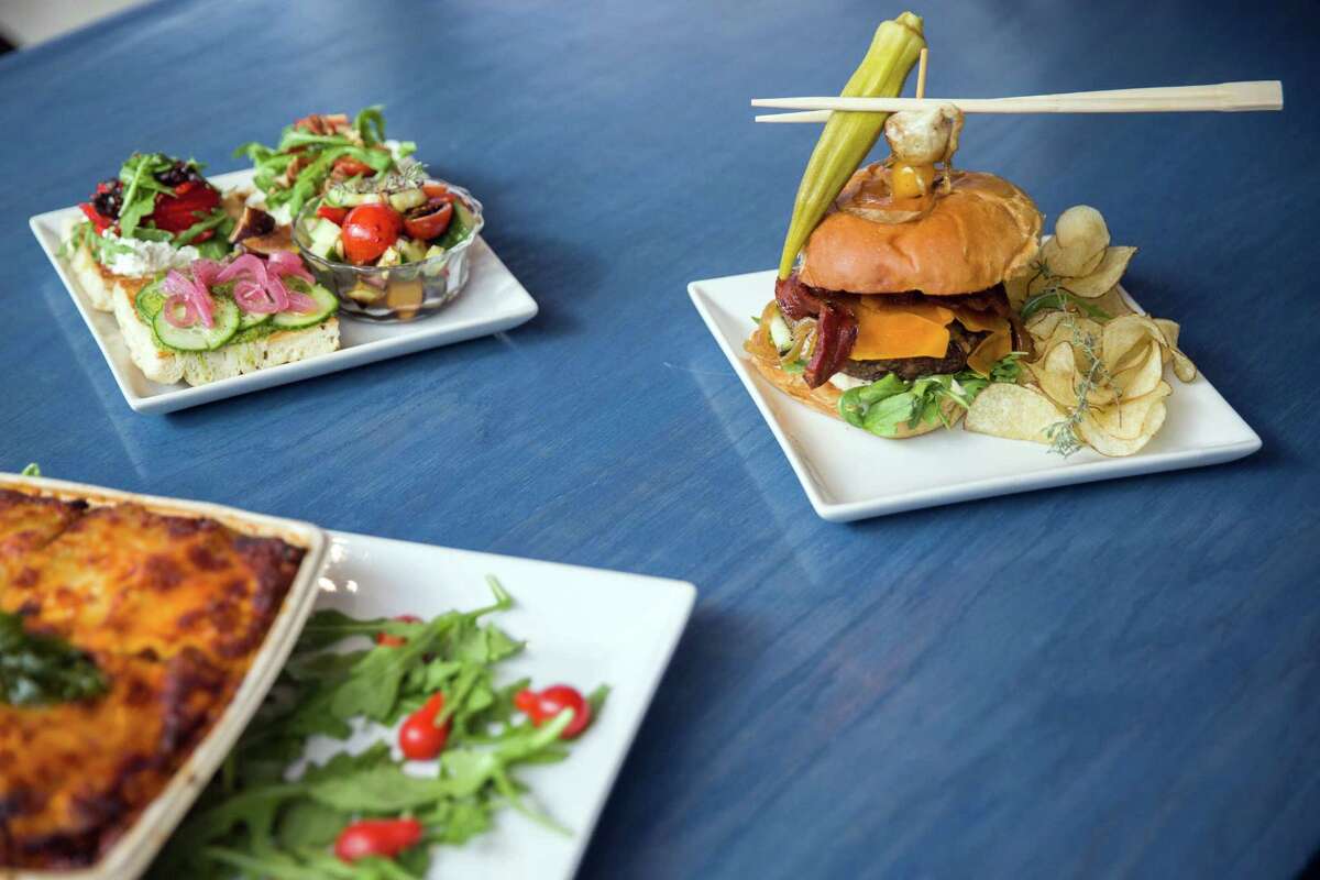 Clockwise from bottom left: Takeout lasagna, open sandwich trio and the Dijon Burger.
