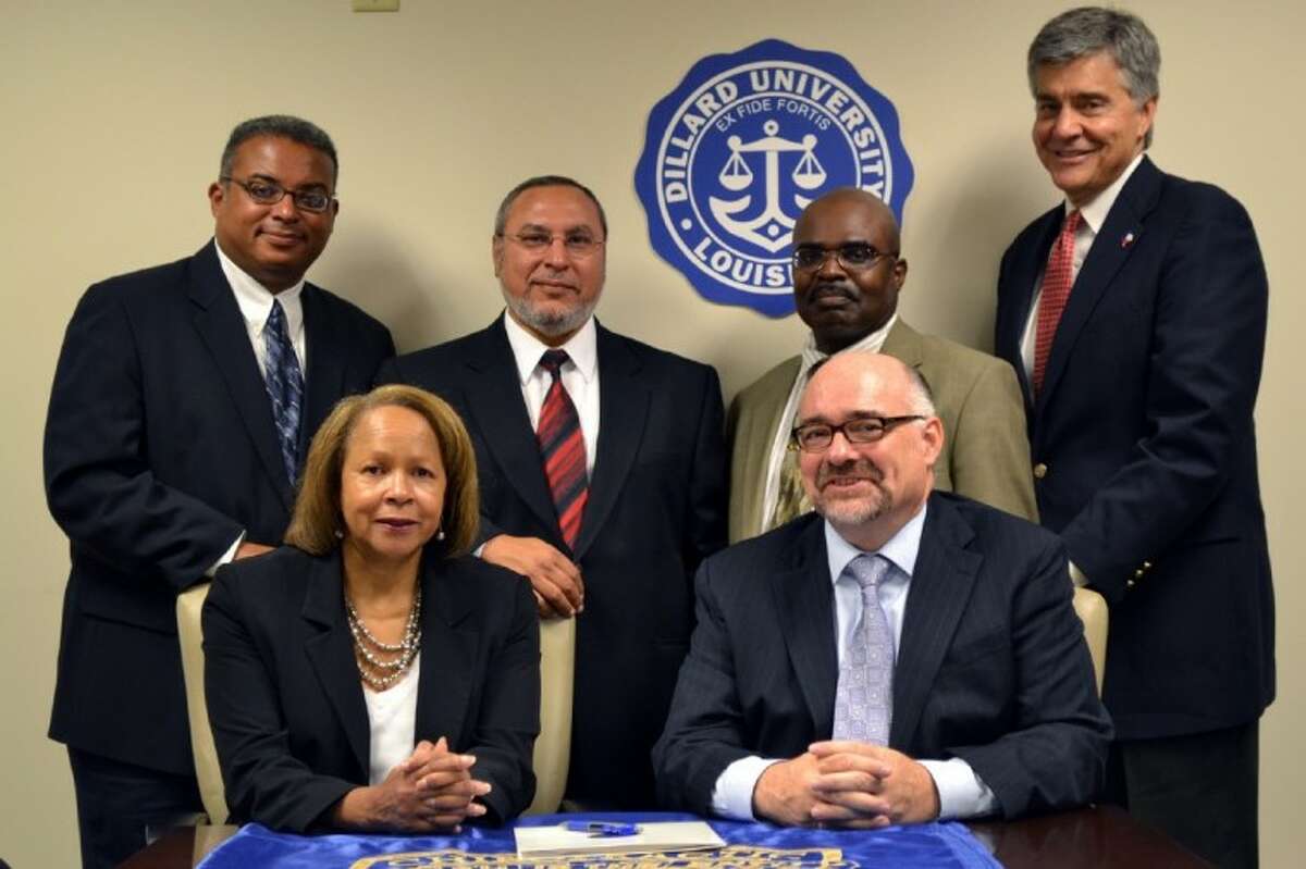 Texas Chiropractic College and Dillard University signed a 3+3 articulation agreement in New Orleans, La. Present at the signing were: (seated, from left to right) Dr. Phyllis Dawkins, DU Provost and Senior Vice President and Dr. Clay McDonald, TCC Provost and Senior Vice President. (standing, from left to right): Dr. Robert Collins, DU Interim Dean, College of Arts & Sciences; Dr. Abdalla Darwish, DU Chair of STEM/Physics, Program Coordinator, Professor of Physics and Pre-Engineering; Dr. Bernard Singleton, DU Assistant Professor of Biology; and Dr. Fred Zuker, TCC Dean of Enrollment Management.