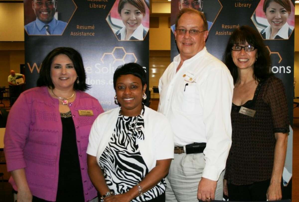 The Greater Cleveland Chamber of Commerce and the Texas Workforce Commission teamed up to host a job fair on June 26 at the Cleveland Civic Center. Shown left to right are Chamber CEO Tracey Walters; Lisa Hayes, employment counselor; Dan Woods, staffing specialist; and Regina Warnke, administrative assistant for the chamber.