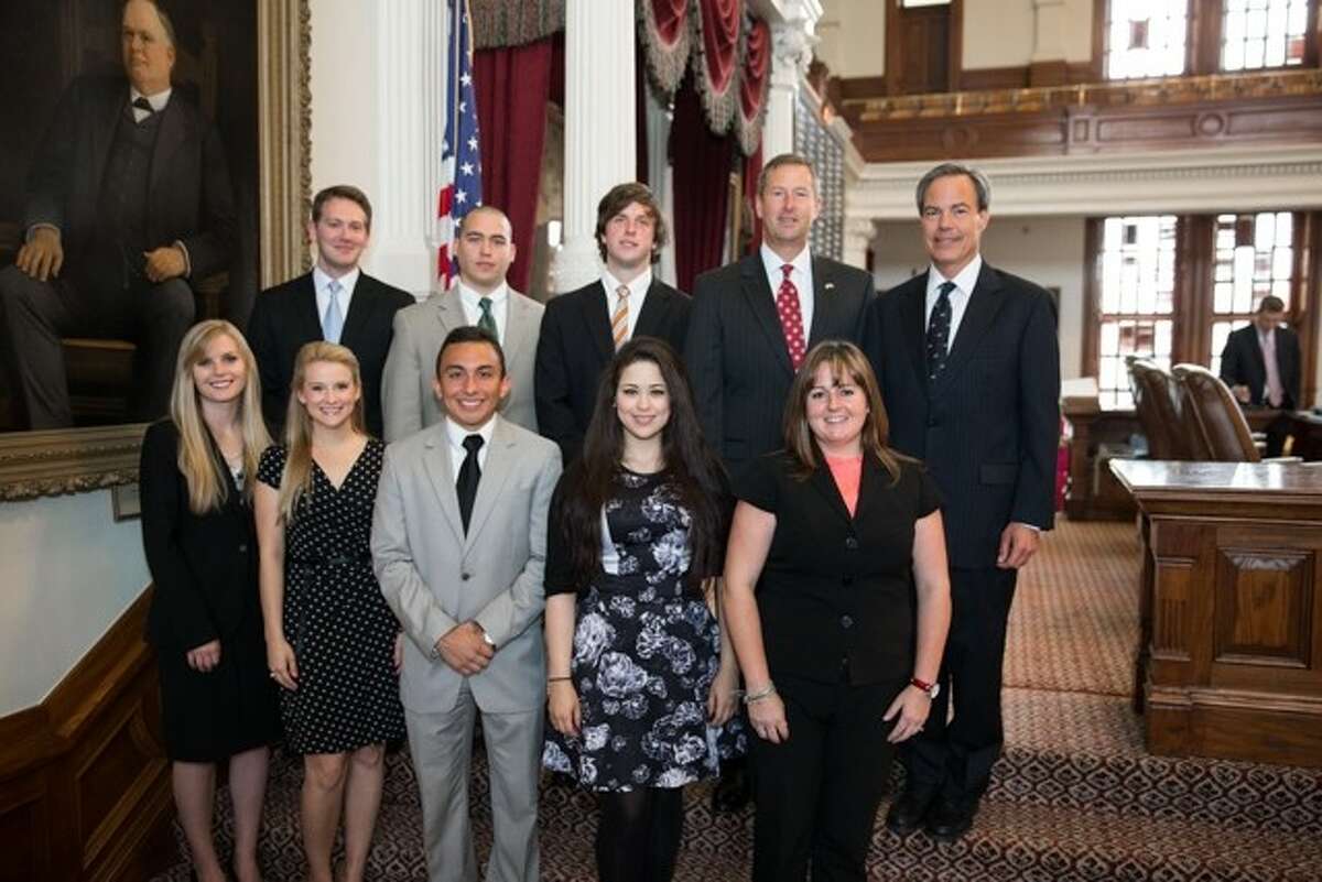 Top row (from left): Robby Teas, Jason Briggs, Sloan Braband, Rep. Jim Murphy, Rep. Robert Straus, Speaker of the House. Front row: Avery Beech, Kiat Roth, Ethan Caudillo, Sarah Aimad and Molly Quirk.