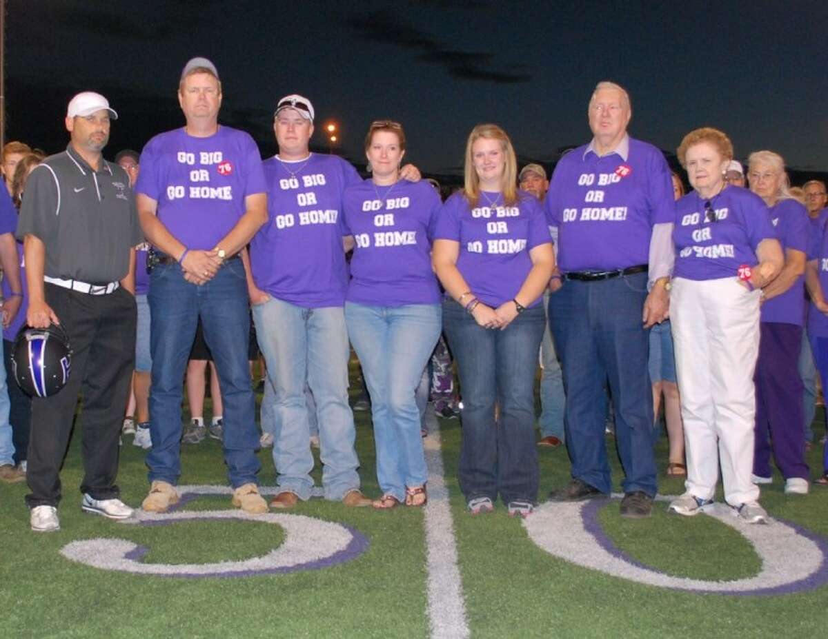 Cody was remembered over the weekend at Tarleton State University where he would have played football on a scholarship this fall. From left, TSU Coach Cary Fowler and Stephens family members Scott, Clay, Melody, Katie, and grandparents Vance and Frankie Stephens.