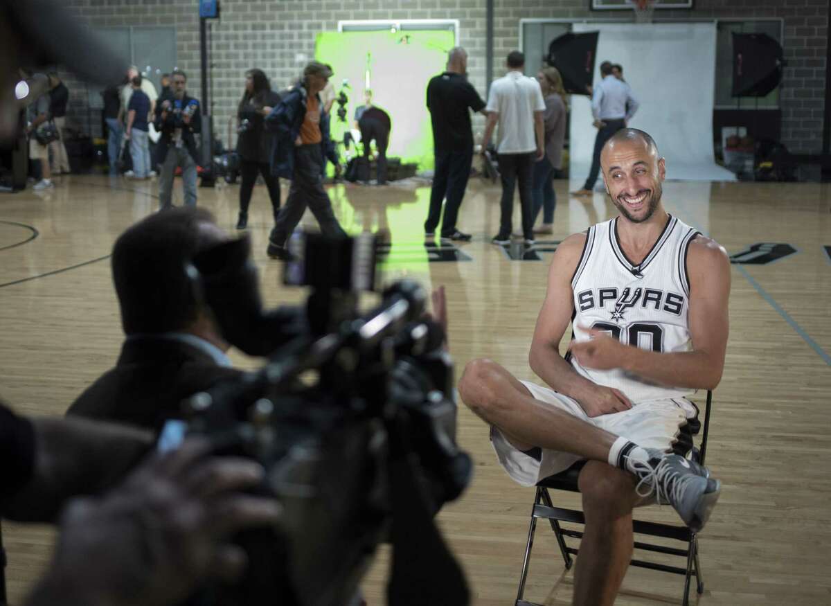Spurs’ Manu Ginobili is interviewed during media day on Sept. 26, 2016, at the team practice facility in San Antonio.
