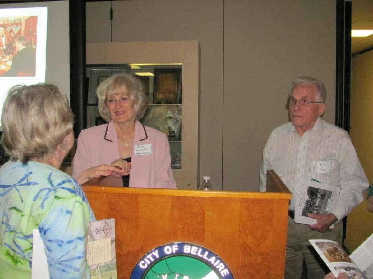 Dr. Debbie Harwell, center, speaks with Nancy Manning Reese, left, and Bill Voss at a recent meeting of the Bellaire Historical Society. Harwell teaches history at the University of Houston and is managing editor of “Houston History” magazine, a publication of the UH History Department’s Center for Public History.