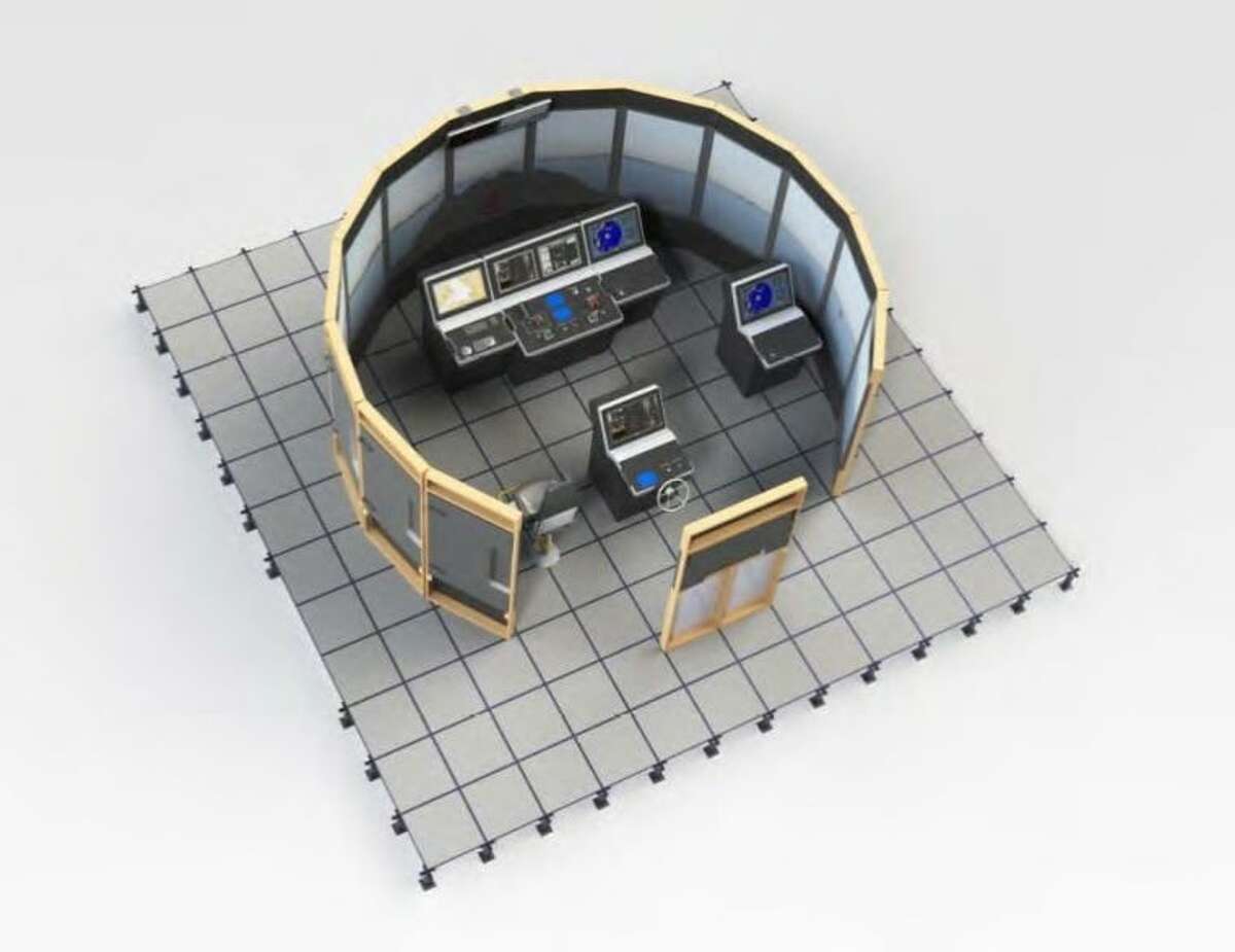 A bridge simulator for mariner training.