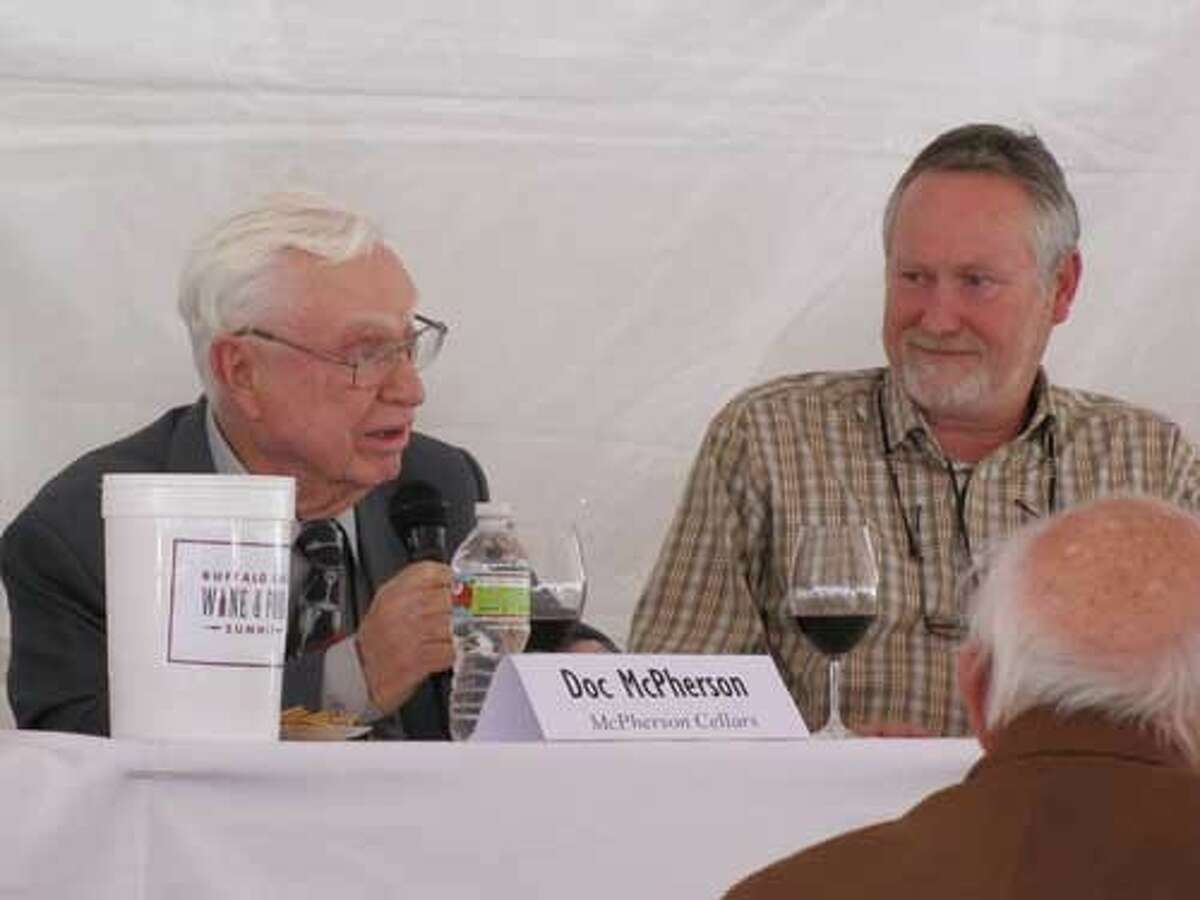 “Doc” McPherson and son, Kim, in a panel discussion before Texas winemakers. “Doc,” one of Texas’ wine industry icons, passed away last Saturday.