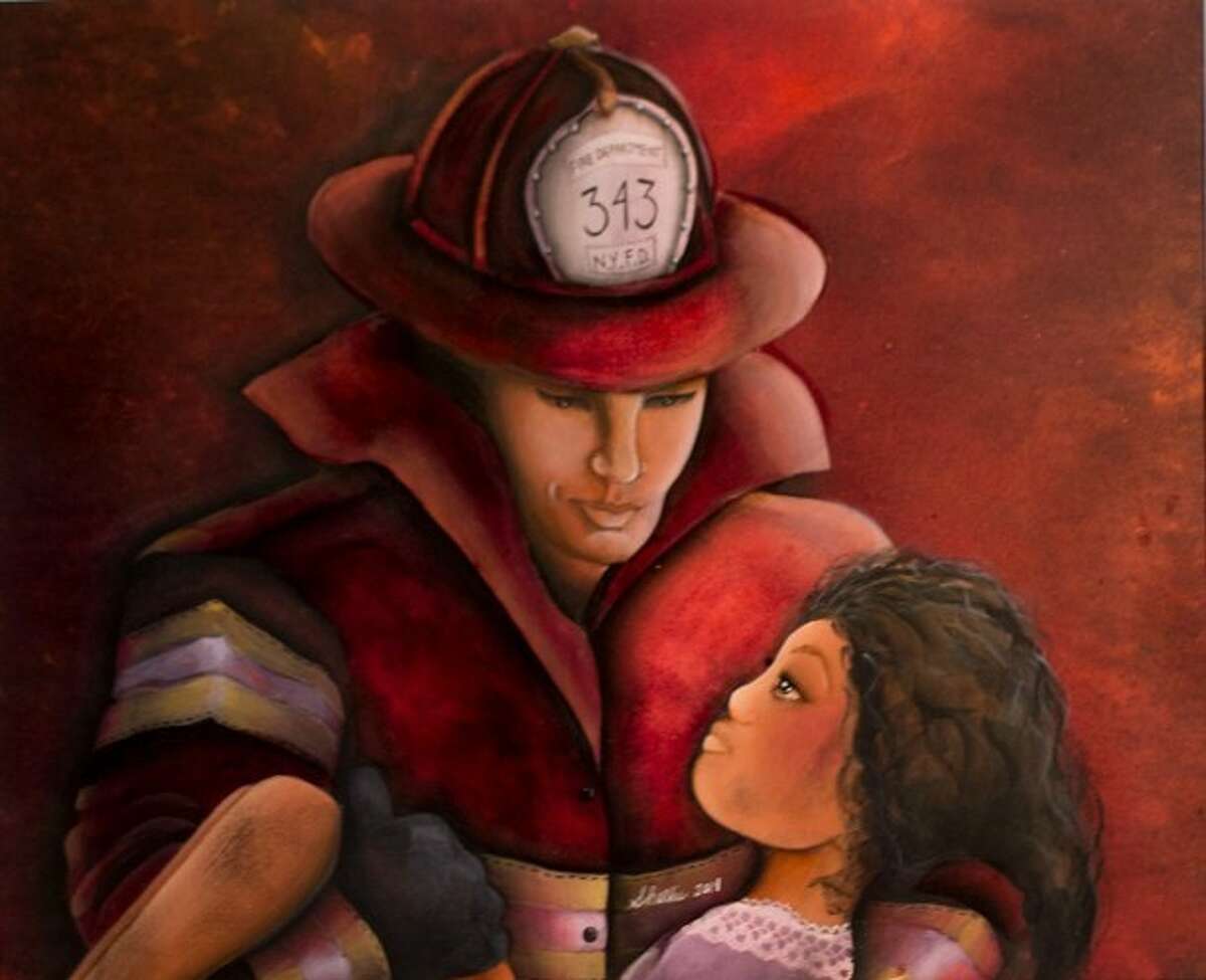 This acrylic painting, titled "Firefighter," by Samantha Hollis, is currently on display at the Gallery at the Madeley Building.