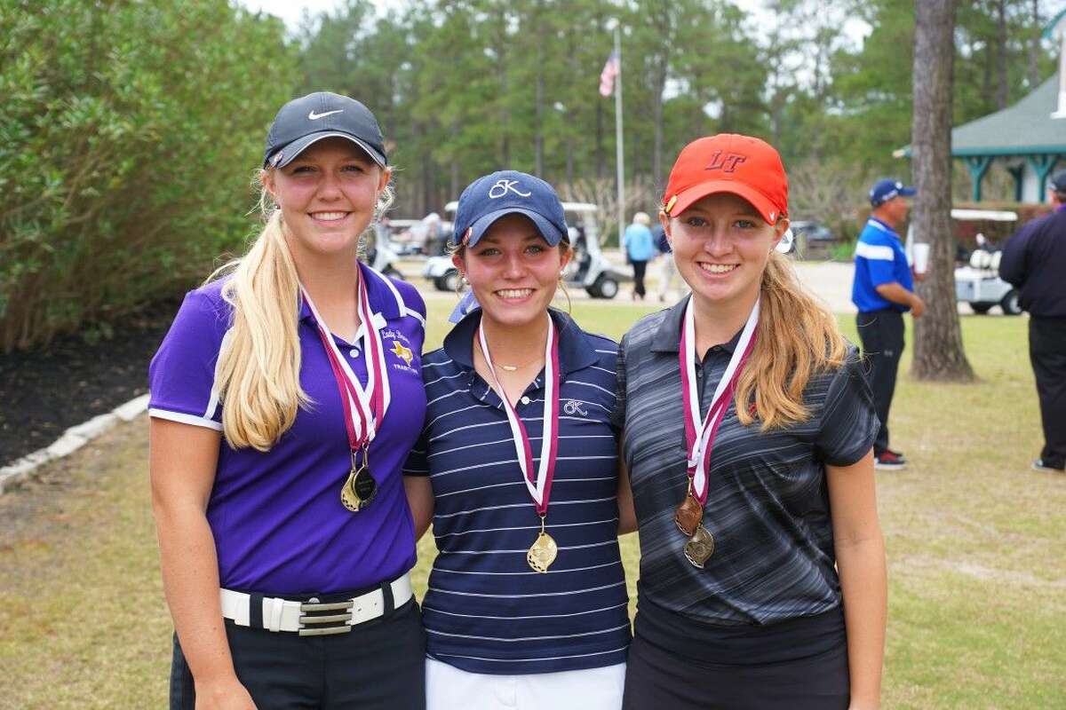 Kingwood’s Emma Ballard, left, was the individual medalist at the Magnolia Spring Fling, followed by Montgomery’s Hailee Cooper (middle) and Lake Travis’ Katlyn Papp.
