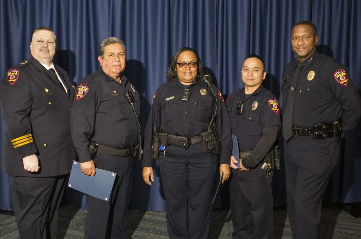 LSC Chief of Police Paul Willingham (pictured left) and LSC Deputy Chief Jerome Powell (right) awarded Officer Richard Huerta (second from left) the LSC Police Department Lifesaving Medal for resuscitating an unresponsive citizen. Officer Karen Curtis (center) and Officer Taun Nguyen were awarded Letters of Commendation for assisting in this life-saving effort.