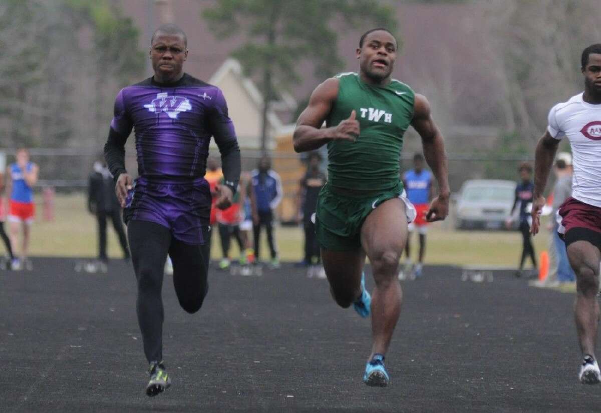 Willis’ John Lewis edged out The Woodlands’ Patrick Carr in the 100-meter dash at The Woodlands Invitational at The Woodlands High School on Saturday.