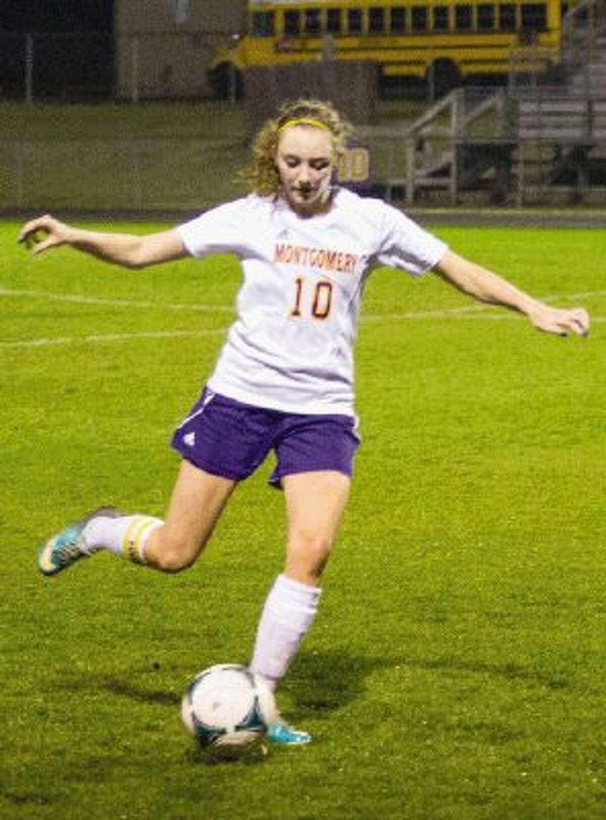 Montgomery’s Hannah Hoke kicks the ball during a match against Huntsville on Tuesday night at Montgomery High School. To view or purchase this photo and others like it, visit HCNpics.com.