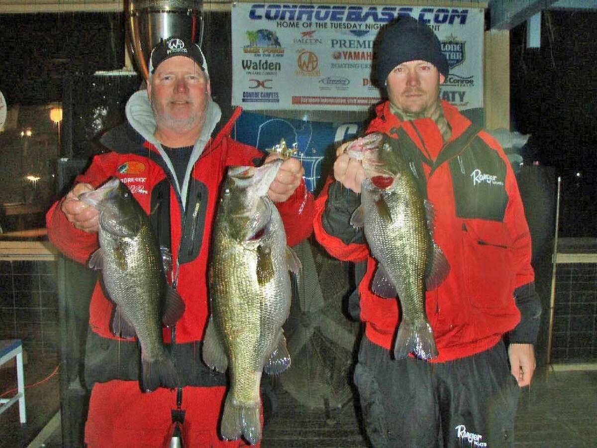 Evan Carlson and Tim Carlson came in second place in the Conroe Bass Tuesday tournament with a total stringer weight of 15.51 pounds and also had the big bass of the night.