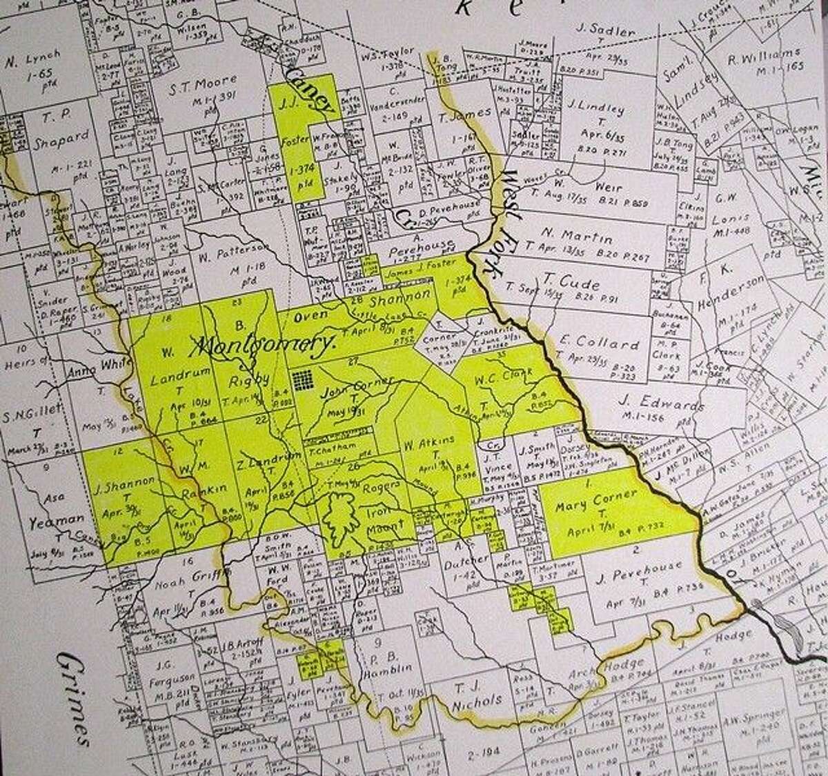 This map from 1861 shows the Lake Creek Settlement. It was bordered on the east by the West Fork of the San Jacinto River and on the west by Lake Creek. The yellow highlights indicate original leagues of land within the settlement. Early colonists came to this area in the 1830s and the town of Montgomery was later formed in the Lake Creek Settlement.