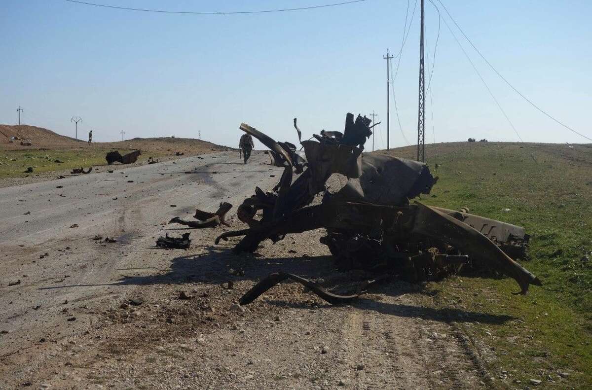 The site of a bomb attack on a road between Mosul, Iraq, and the Syrian border.