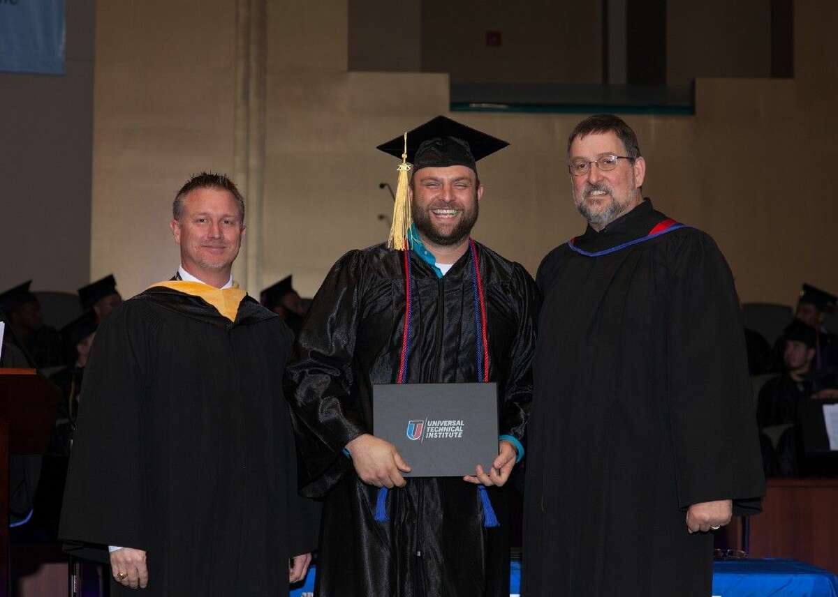 Lucas Wright, middle, is pictured with Universal Technical Institute Campus President Darrin Brust, left, and Education Manager David Keil. Wright recently graduated with top honors from the Universal Technical Institute in Houston