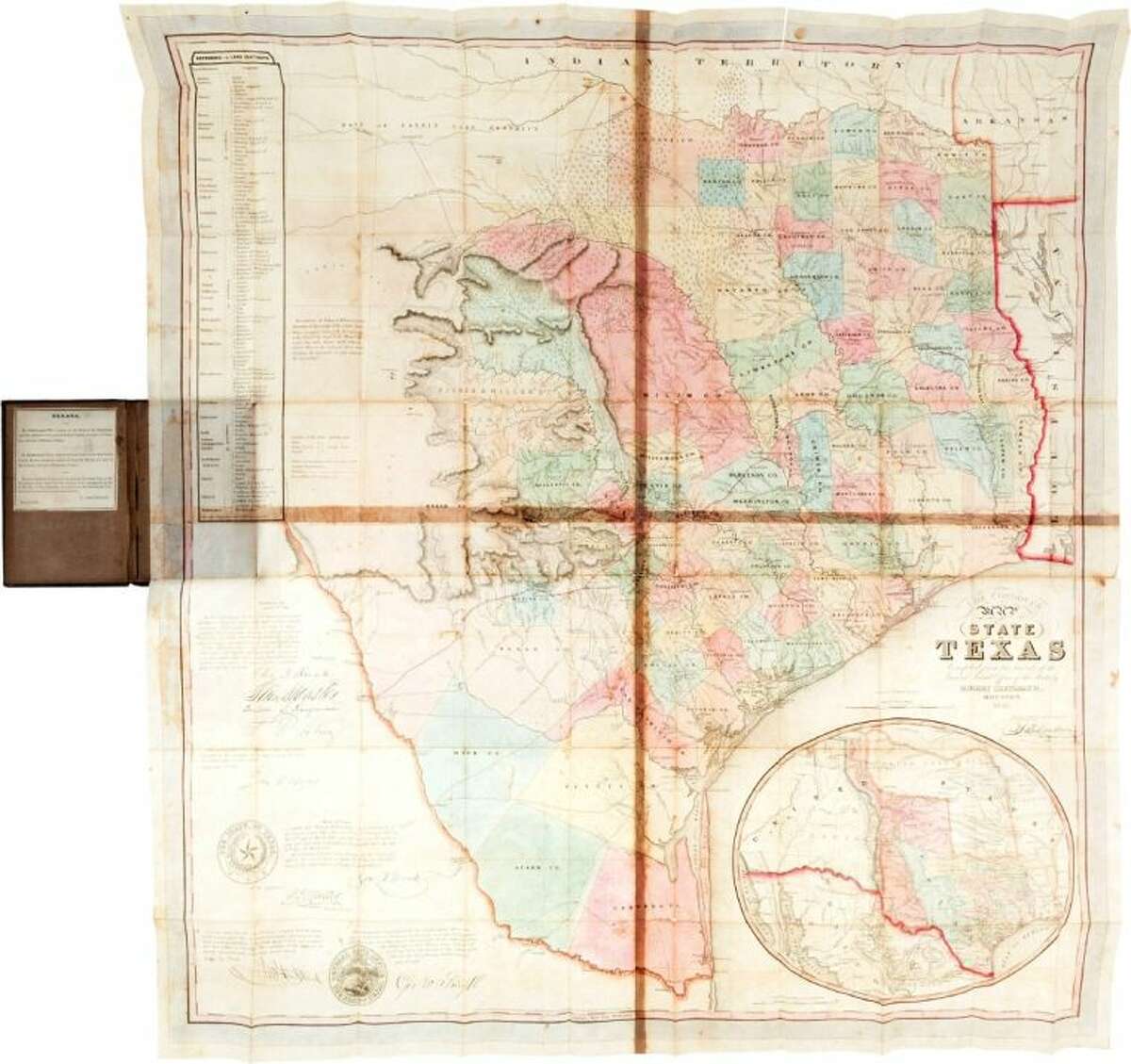 In this undated photo provided by Heritage Auctions is a 1849 first edition map of Texas, considered the first official map after Texas became a state in 1845. It is expected to sell for more than 150,000 when it goes up for auction Saturday in Dallas by Heritage Auctions.