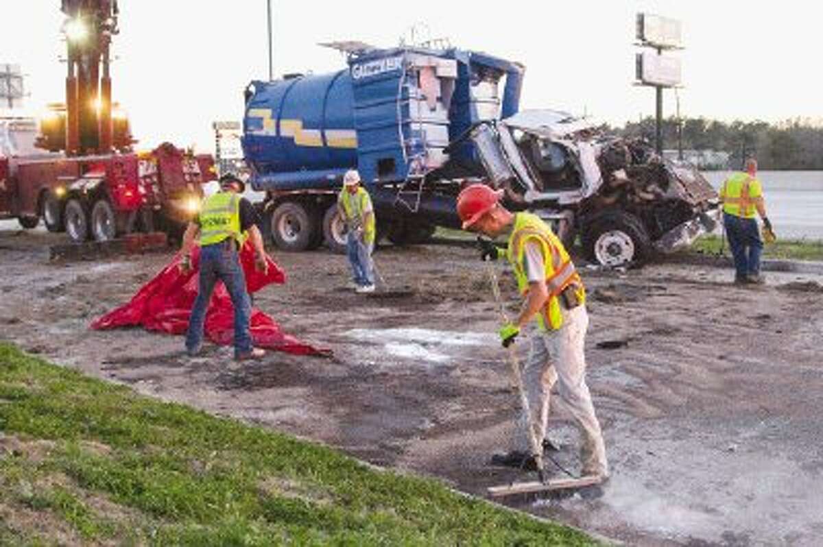A commercial vacuum truck traveling northbound on Interstate 45, between Loop 336 and FM 3083, lost control, rolling over to the frontage road in Conroe Tuesday.