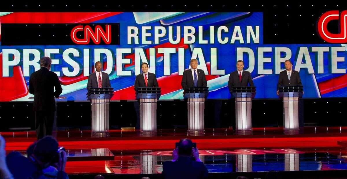 Republican presidential candidates Dr. Ben Carson, Marco Rubio, Donald Trump, Ted Cruz and Ohio Gov. John Kashich are seen during a Republican presidential primary debate at the University of Houston, Thursday in Houston.