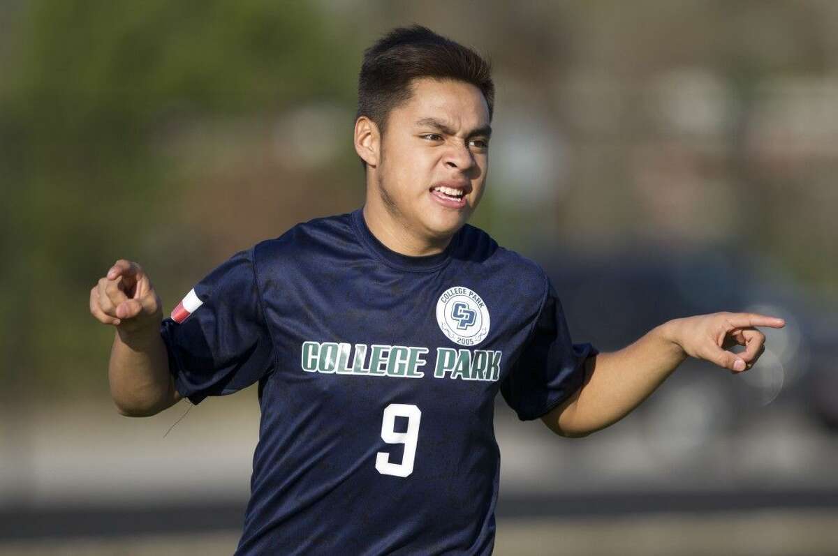 College Park’s Rodrigo Perez celebrates the first of his two first-half goals Friday against Magnolia. To view or purchase this photo and others like it, visit HCNpics.com.