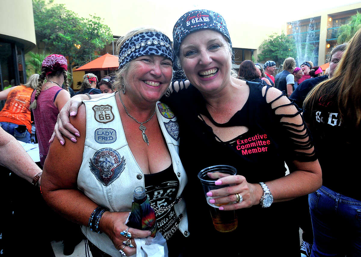 Women motorcyclists gather for a pre-rally meet and greet Thursday night