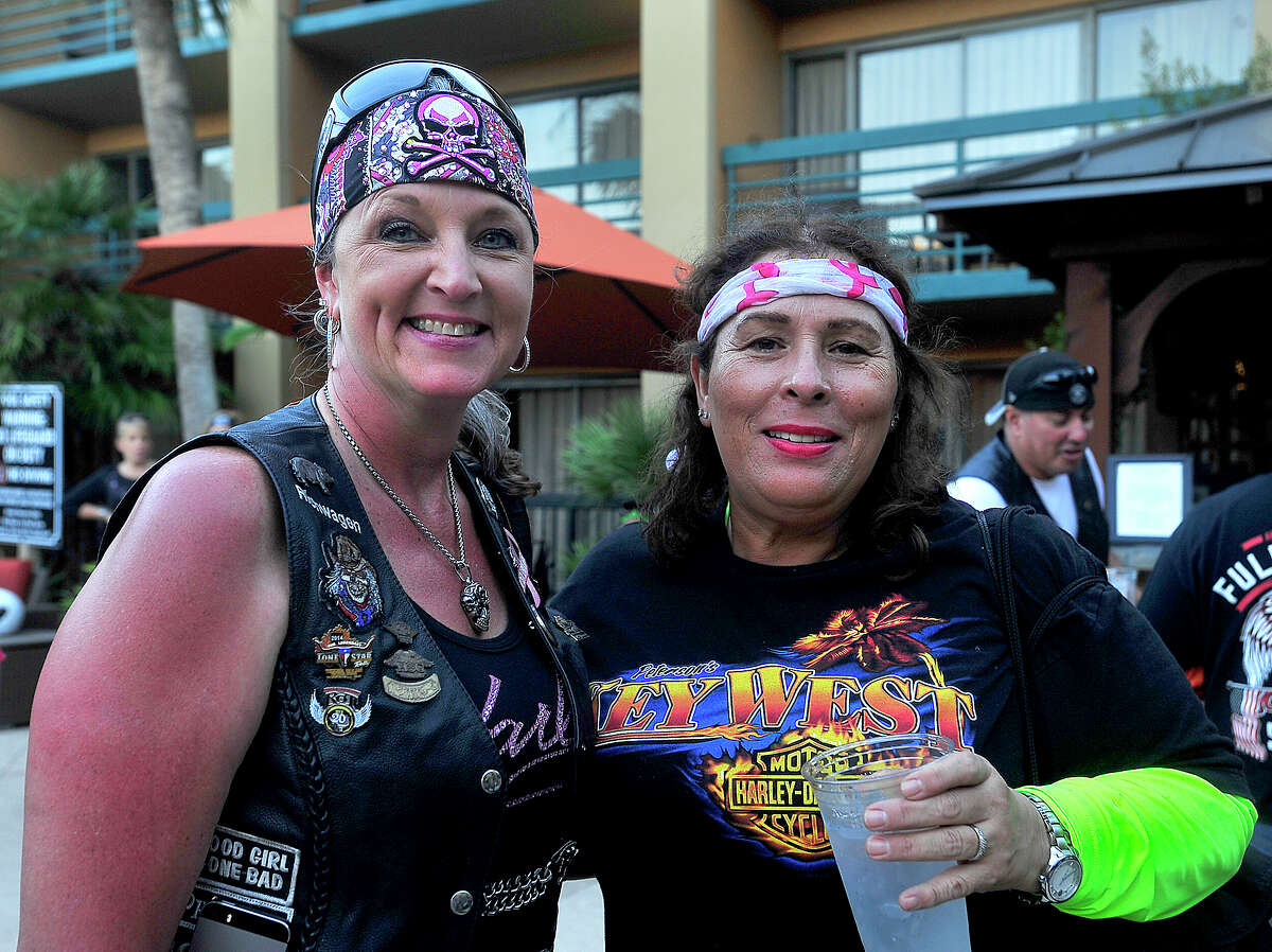Women motorcyclists gather for a pre-rally meet and greet Thursday night