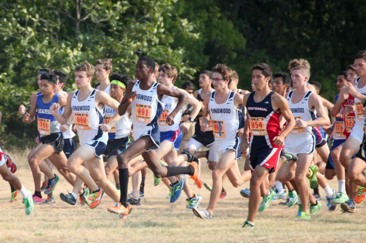 Mustang runners running strong early in the race at the Gerald Richey Invitational in Grand Prairie.  From left: Jack Gallagher, Charles Mills, Zach Morrow, and Jacob Walters.