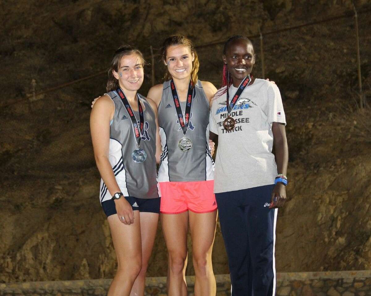 College Park grad Katie Jensen, left, and Willis grad Cali Roper, center, finished second and first, respectively, in the Conference USA 10,000-meter run.